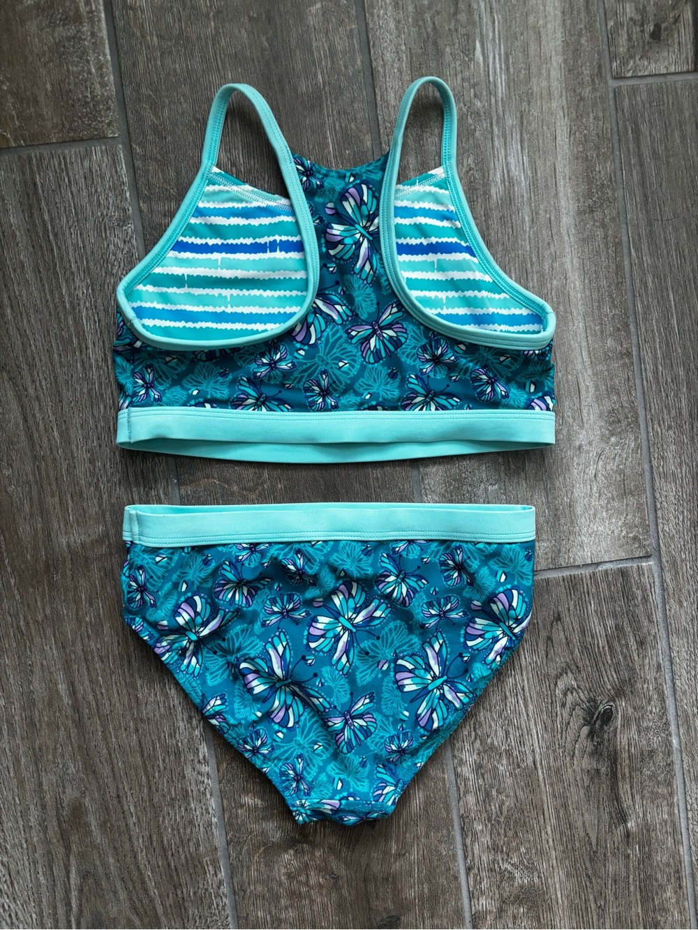 L.L. Bean Turquoise Floral Girls' Two-Piece Reversible Swim Set - Picture 2 of 7
